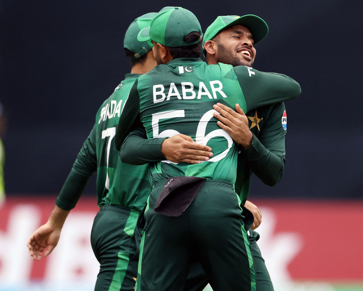 Pakistan players celebrate the wicket of Virat Kohli during the T20 World Cup Group A match in New York on Sunday