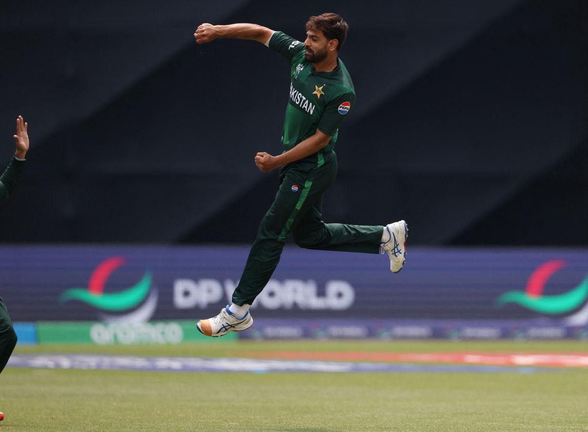 Haris Rauf celebrates after dismissing Jasprit Bumrah.