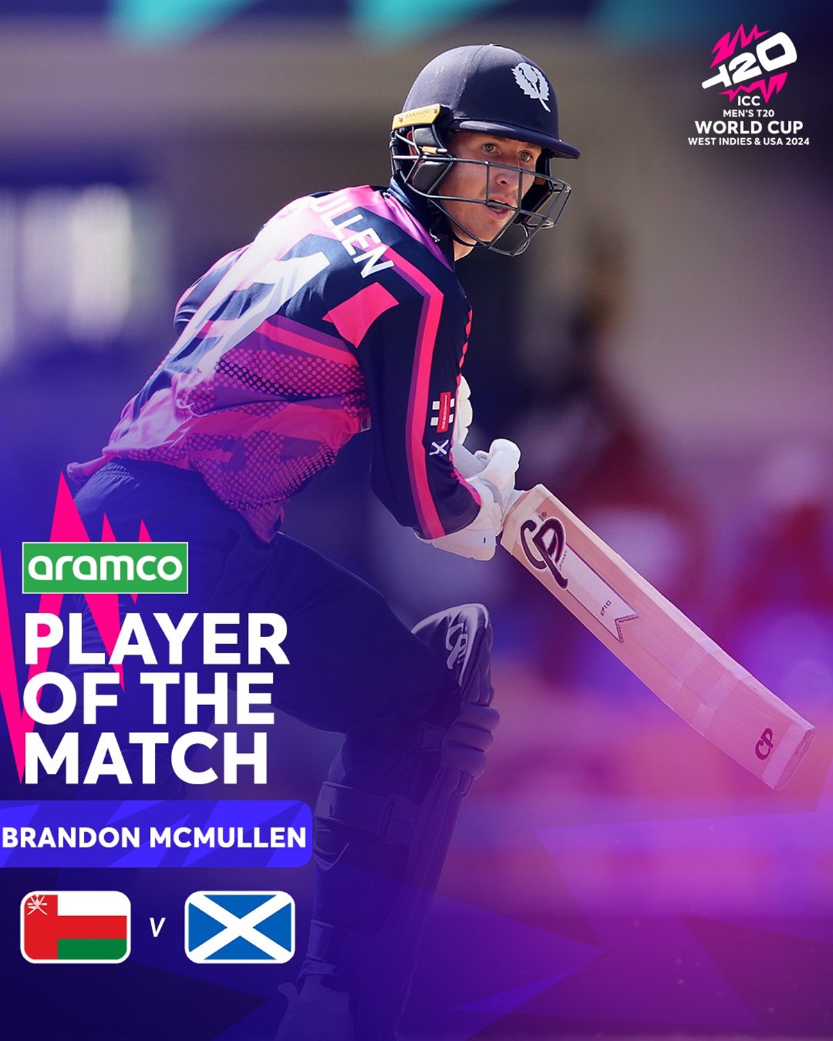 Brandon McMullen led Scotland’s chase against Oman, scoring an unbeaten 61, in the T20 World Cup match in Antigua on Sunday. 