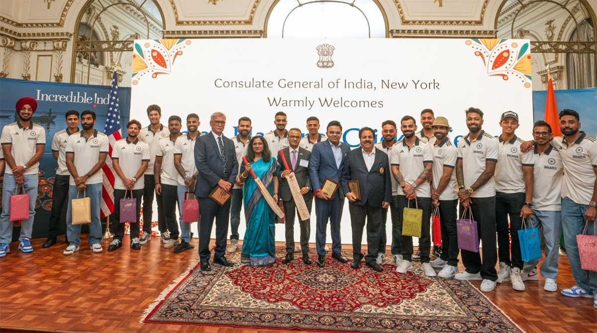 India’s T20 World Cup players at the reception hosted by Binaya Srikanta Pradhan, India's Consul General in New York, on Tuesday.
