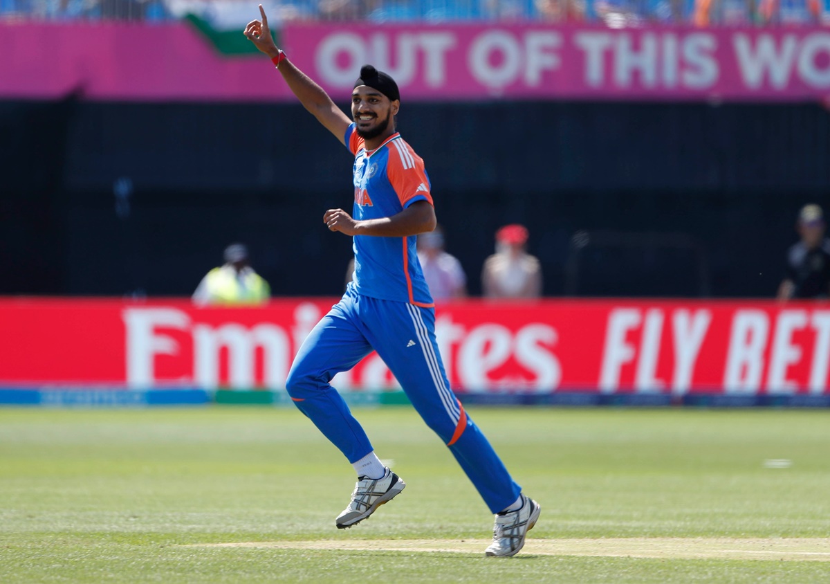 Man of the Match Arshdeep Singh celebrates picking his fourth wicket during India's T20 World Cup match against the United States in New York on Wednesday.
