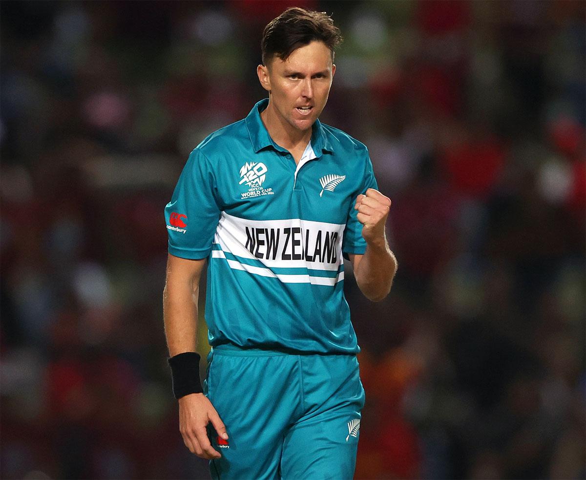 New Zealand pacer Trent Boult celebrates the wicket of West Indies opener Johnson Charles. 