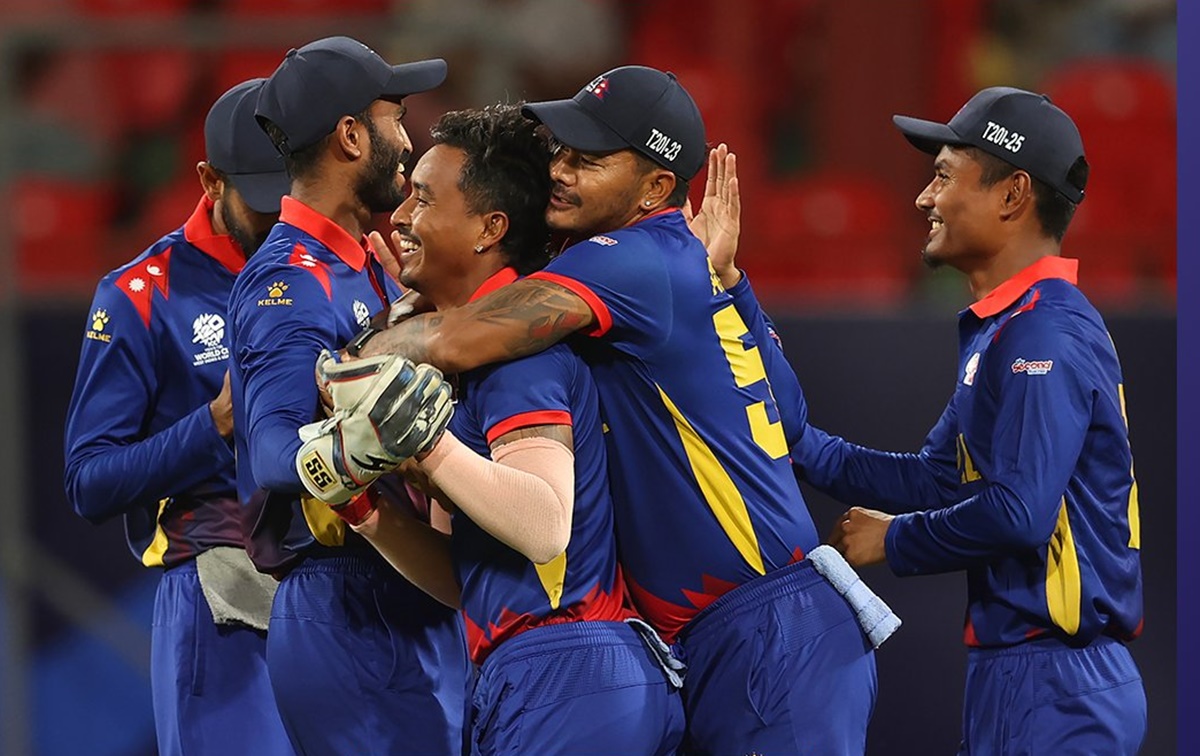 Nepal's players celebrate after Sompal Kami dismisses Tanzid Hasan.