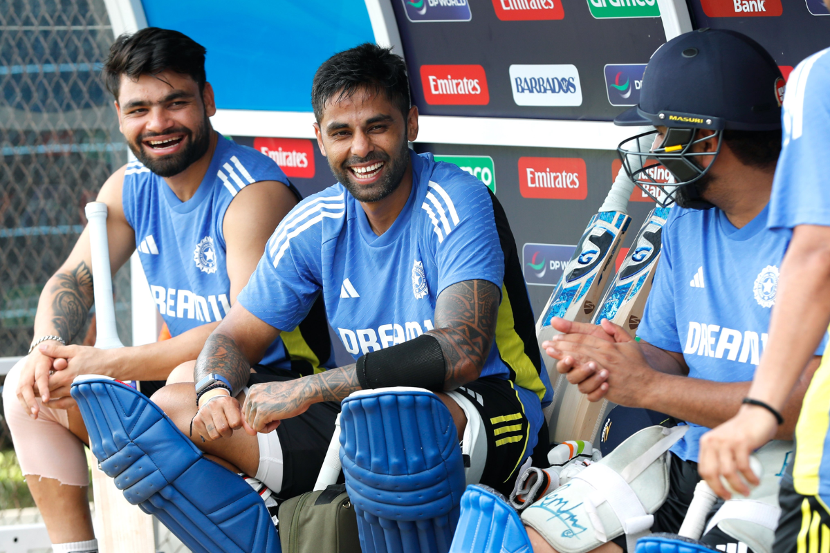 Suryakumar Yadav, Rohit Sharma and Rinku Singh have a laugh during nets on Tuesday