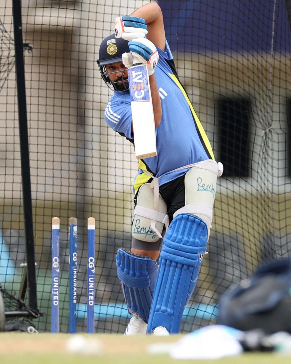 Rohit Sharma strikes a pose in the nets