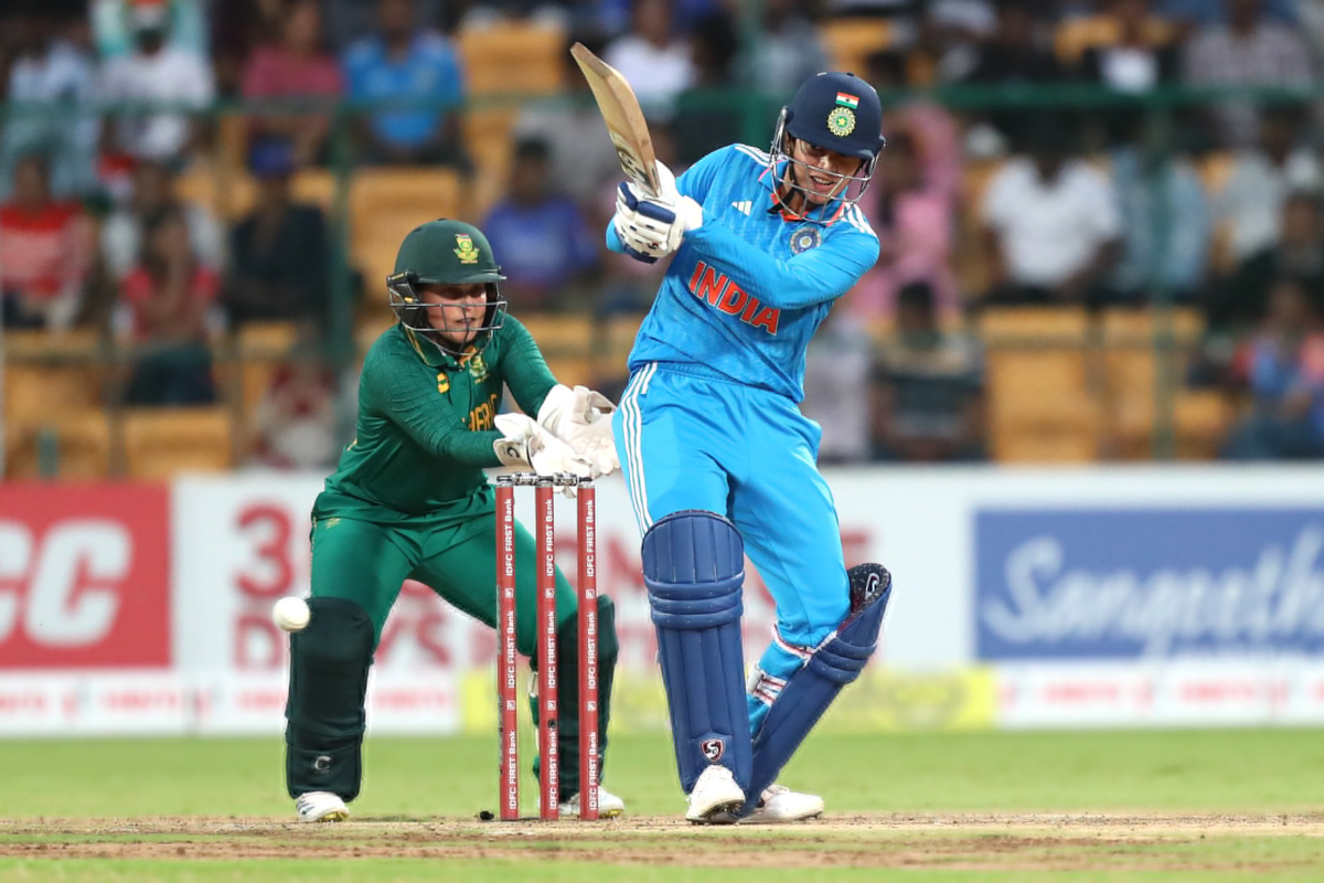 India's vice-captain Smriti Mandhana bats en route an 83-ball 90 in the third and final ODI of the three-match series, in Bengaluru, on Sunday