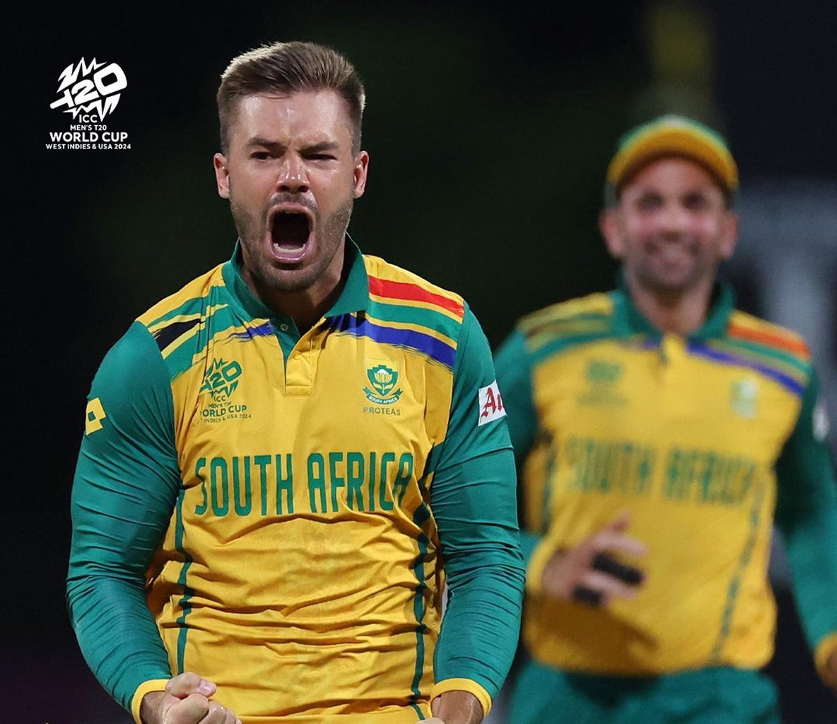 Aiden Markram celebrates the wicket of Nicholas Pooran