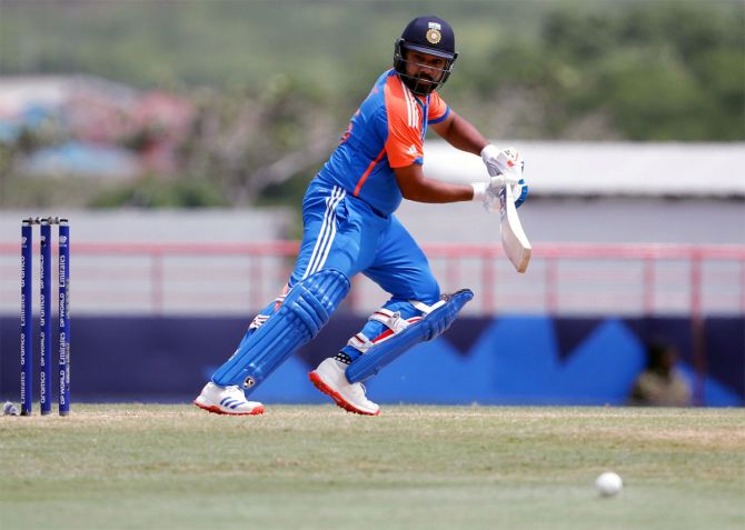 India's captain Rohit Sharma bats during the T20 World Cup Super Eight match against Australia in St. Lucia on Monday