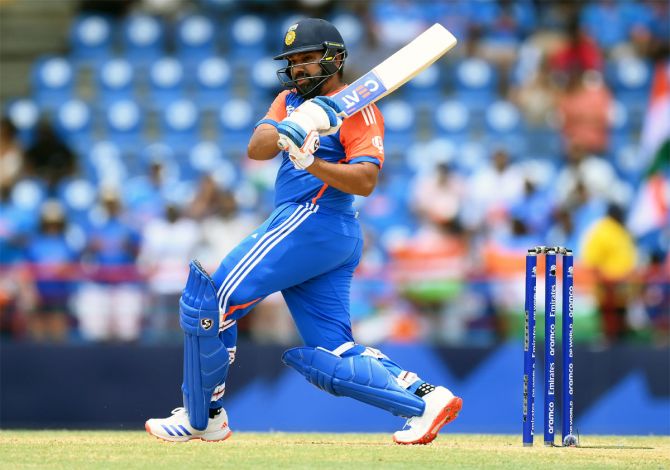 Rohit Sharma hits one of India's 15 sixes today, the most by them in an innings in T20 World Cups