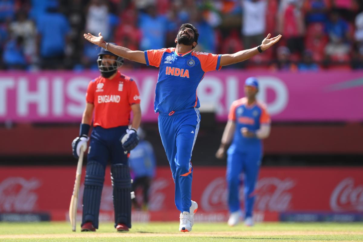 Jasprit Bumrah celebrates on taking the wicket of Phil Salt