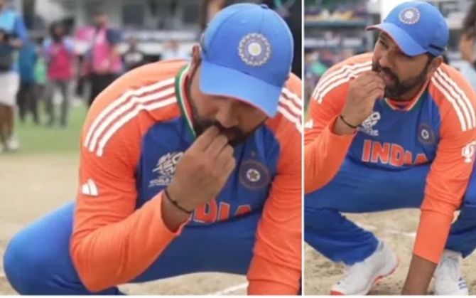 Rohit Sharma took a mouthful of soil from the pitch at Bridgetown, Barbados, after the World Cup win on Saturday, June 29 