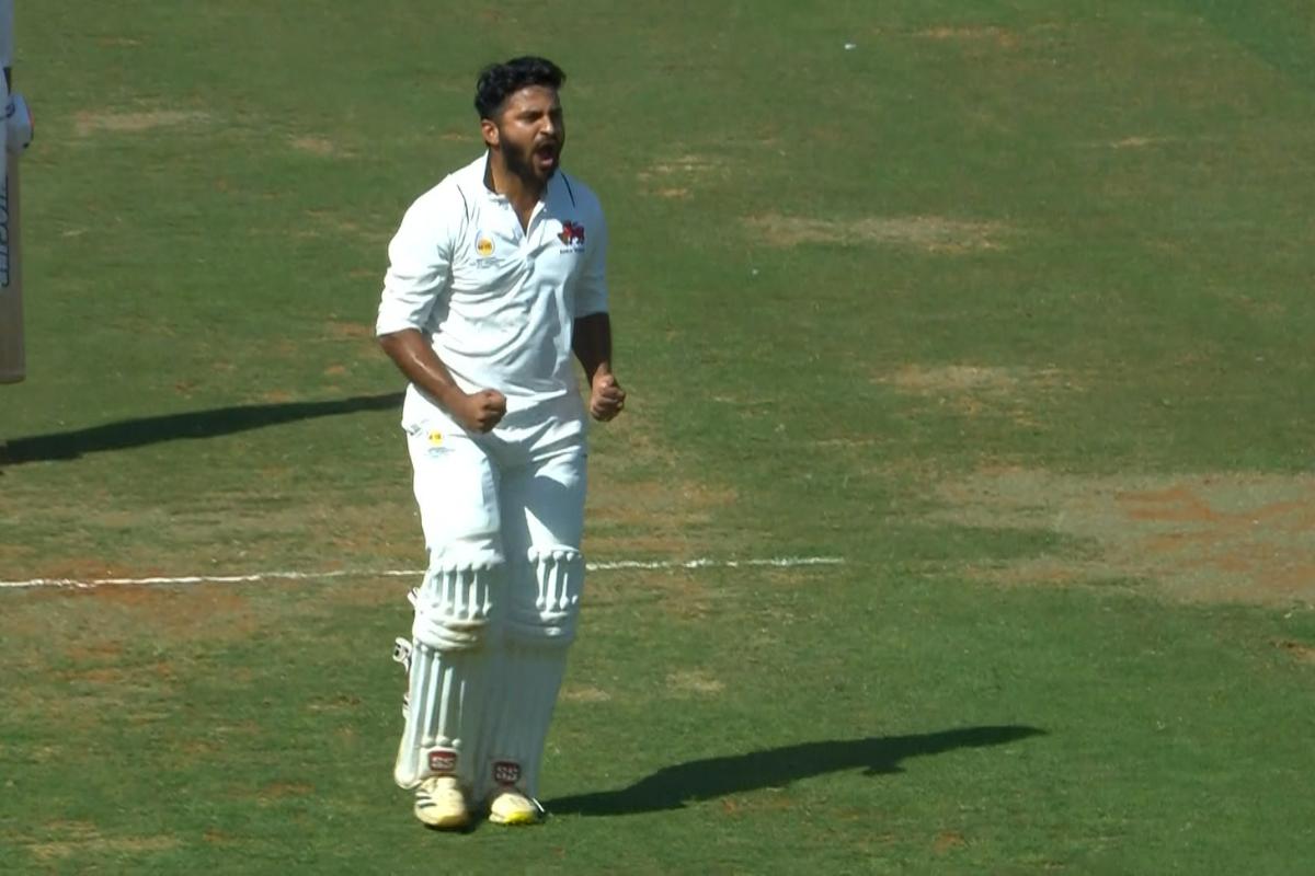 Shardul Thakur celebrates on scoring his century against Tamil Nadu in the Ranji Trophy semi-final on Sunday