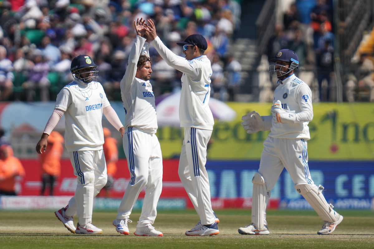 Kuldeep Yadav of India celebrates the wicket of Jonny Bairstow 