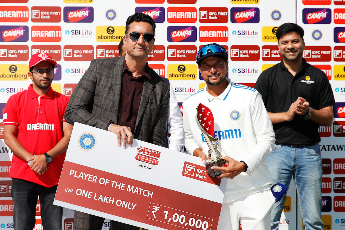 Kuldeep Yadav with Player of the match award in Dharamsala, on Saturday.