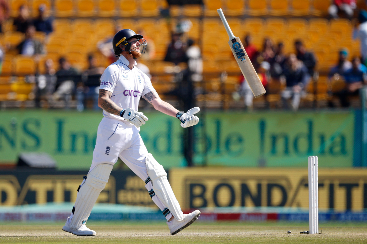 England's Ben Stokes reacts after being bowled out by India's Ravichandran Ashwin