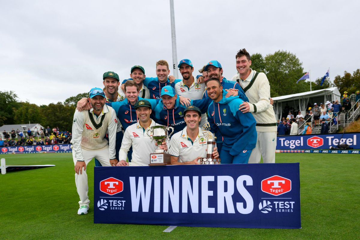 Australia players celebrate after winning the Test series against New Zealand, after winning the 2nd Test in Christchurch on Monday