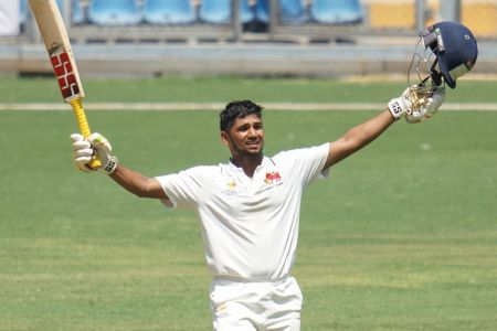 Mushee Khan celebrates his century in the Duleep Trophy