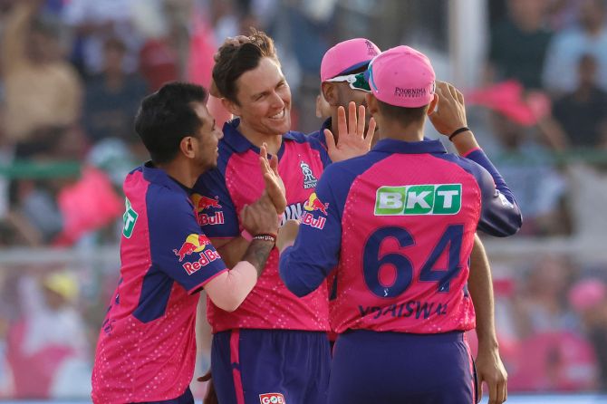 Rajasthan Royals' Trent Boult celebrates the wicket of LSG's Quinton De Kock 