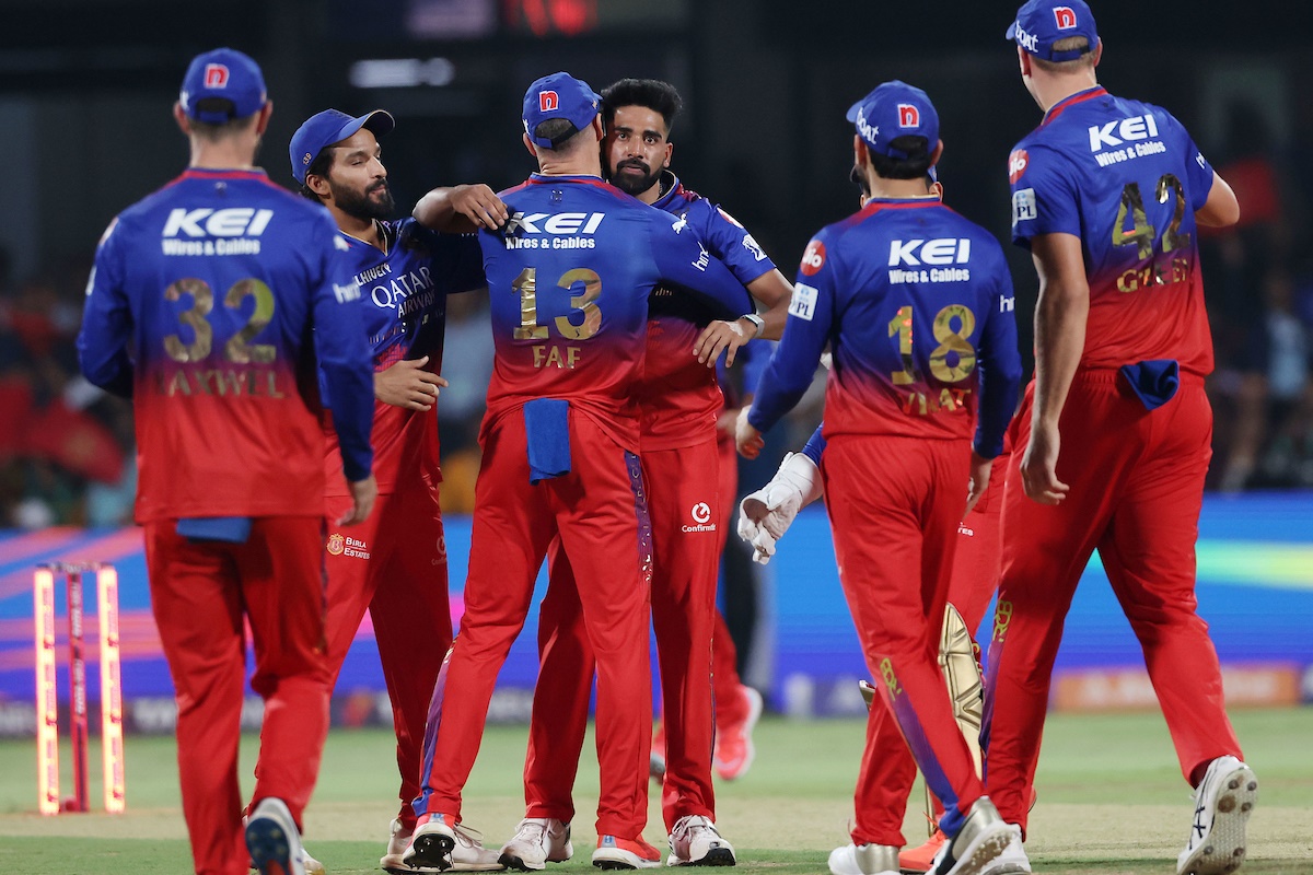 Mohammed Siraj of Royal Challengers Bangalore celebrates the wicket of Jonny Bairstow of Punjab Kings