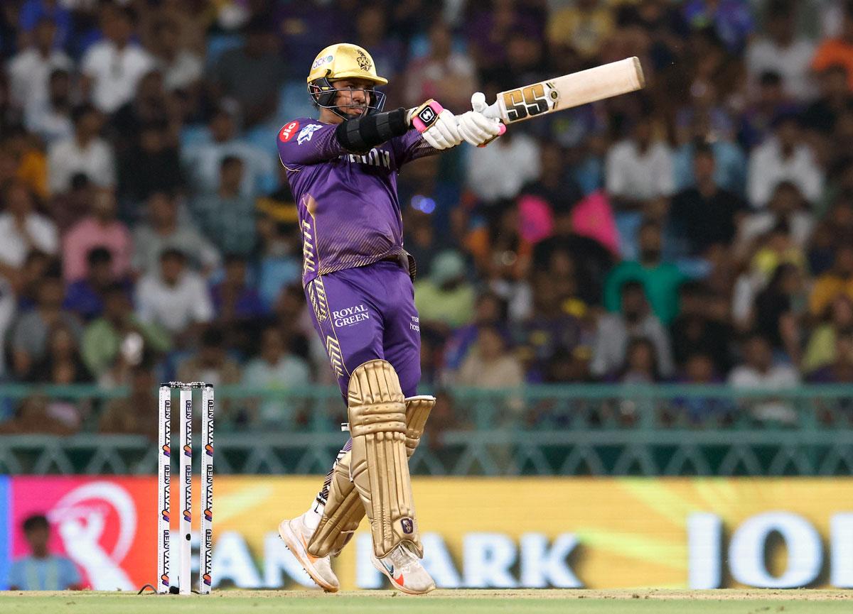 Kolkata Knight Riders opener Sunil Narine hits a six during his 39-ball 81 