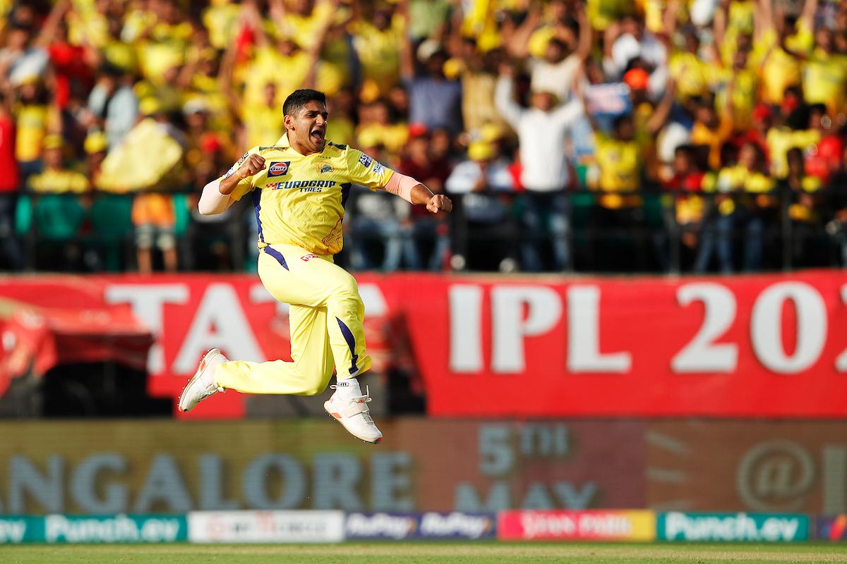 Chennai Super Kings pacer Tushar Deshpande celebrates dismissing Punjab Kings's Rilee Rossouw during the IPL match in Dharamsala on Sunday evening.