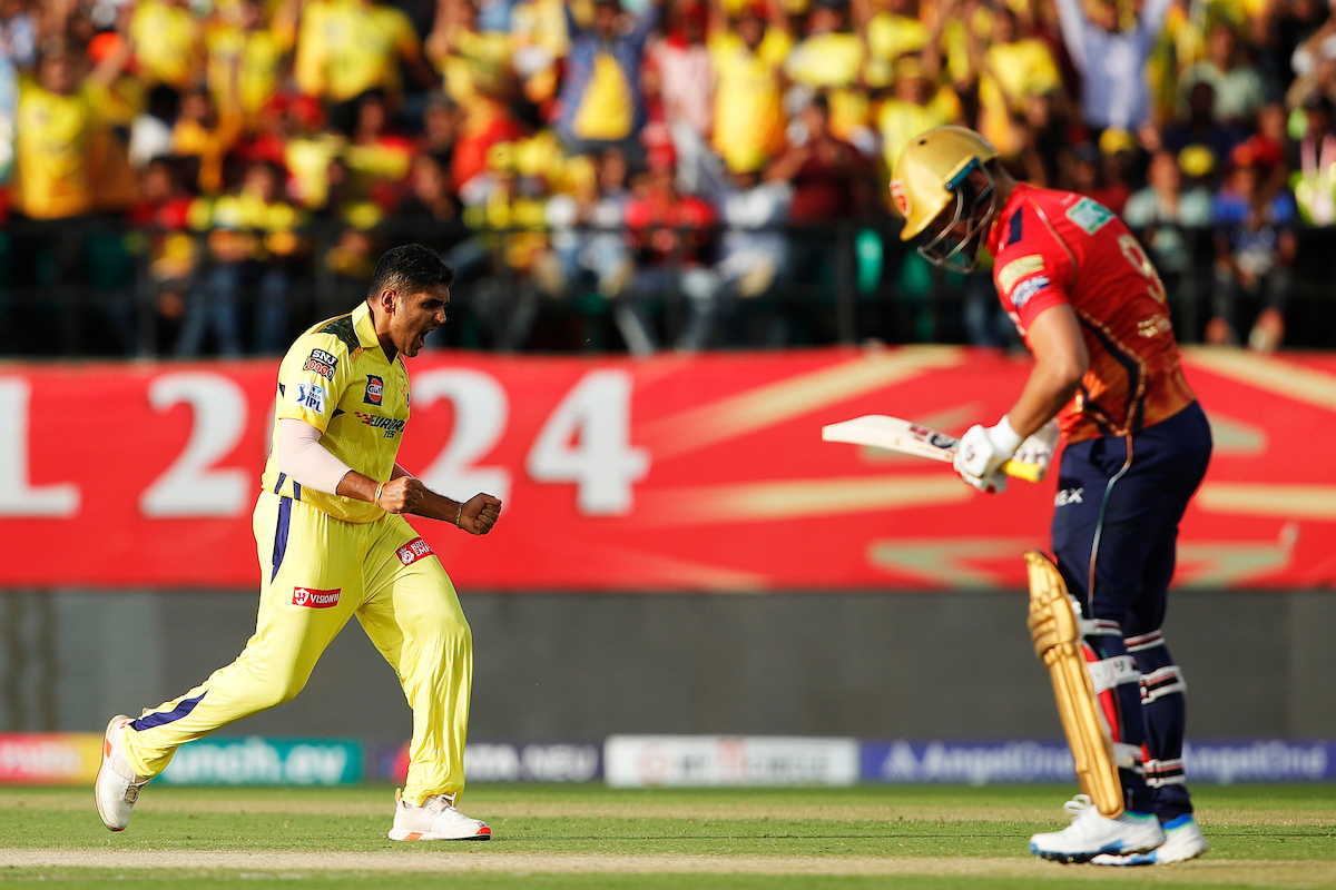 Tushar Deshpande celebrates the wicket of Rilee Rossouw 