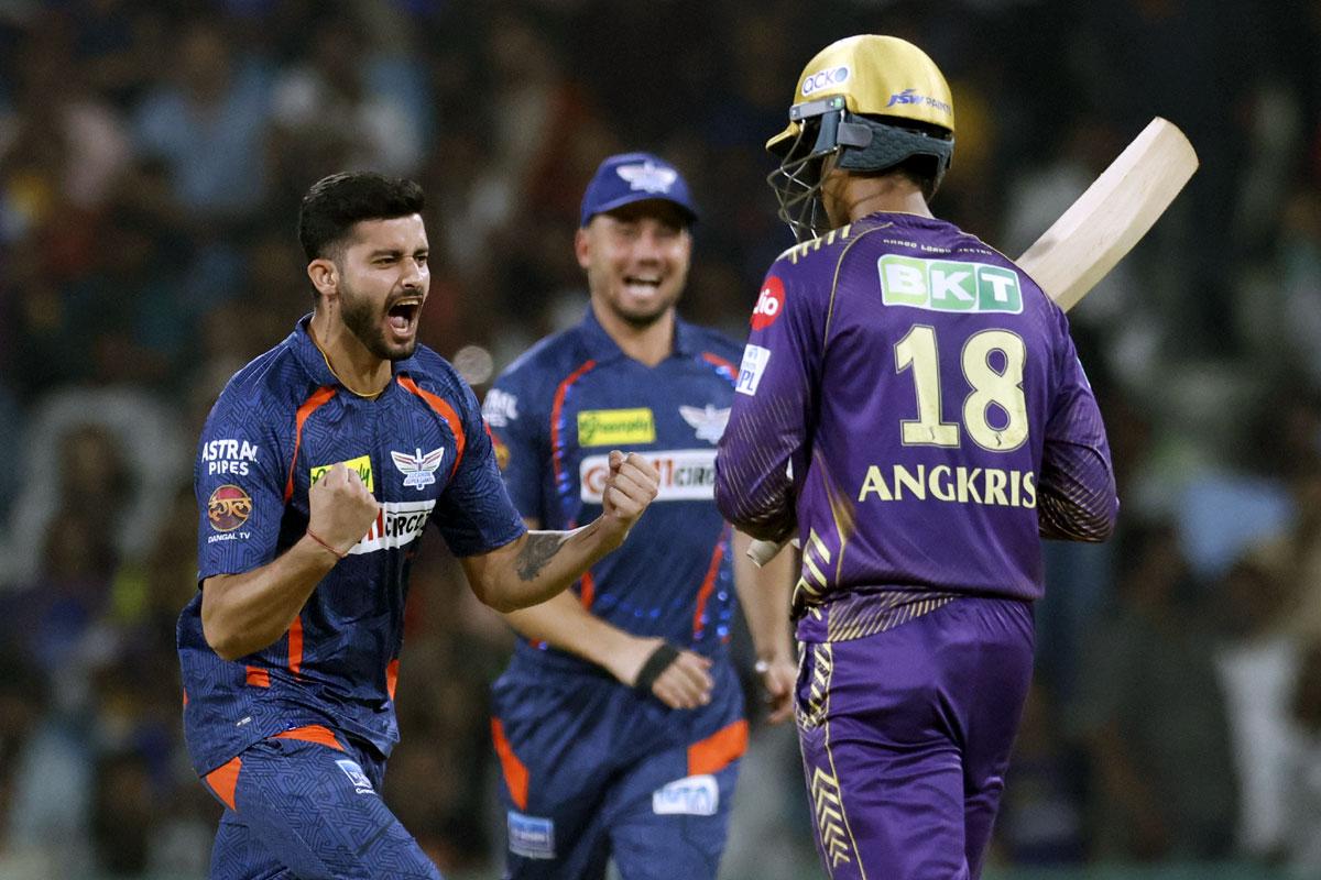 Yudhvir Singh Charak celebrates the wicket of Angkrish Raghuvanshi