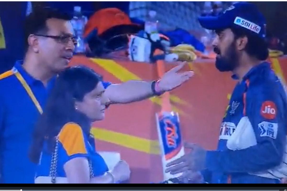 A screen grab of Lucknow Super Giants owner Sanjiv Goenka in an animated discussion with captain KL Rahul after their big loss against SunRisers Hyderabad on Wednesday