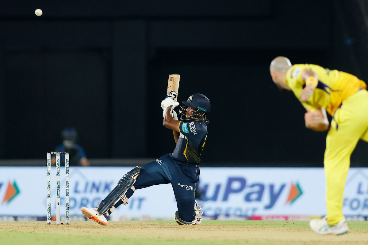 Gujarat Titans opener B Sai Sudharsan sends the ball over the ropes during his 103 off 5 balls in the IPL match against Chennai Super Kings in Ahmedabad on Friday.