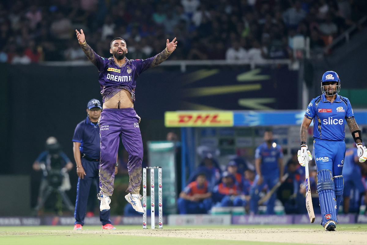 Kolkata Knight Riders leg spinner Varun Chakaravarthy reacts during his miserly spell of 4-0-17-2 in the IPL match against Mumbai Indians in Kolkata on Saturday night.