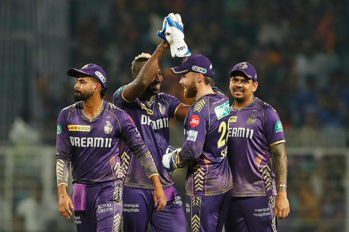 Kolkata Knight Riders players Shreyas Iyer, Andre Russell, Phil Salt and Sunil Narine celebrate the wicket of Mumbai Indians star batter Suryakumar Yadav during the IPL match at the Eden Gardens, in Kolkata, on Saturday night.