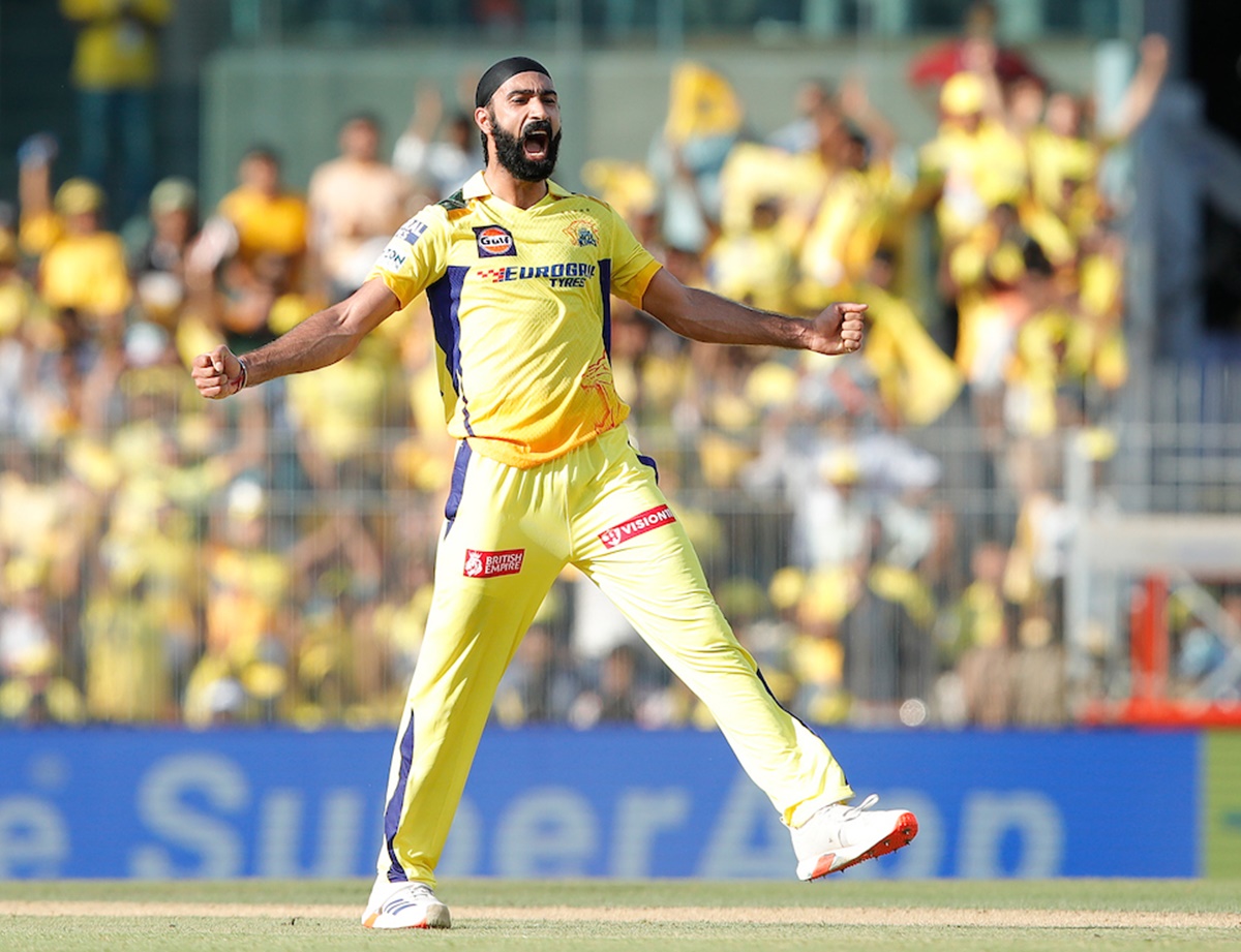 Chennai Super Kings pacer Simarjeet Singh exults after dismissing Rajasthan Royals skipper in the IPL match in Chennai on Sunday.