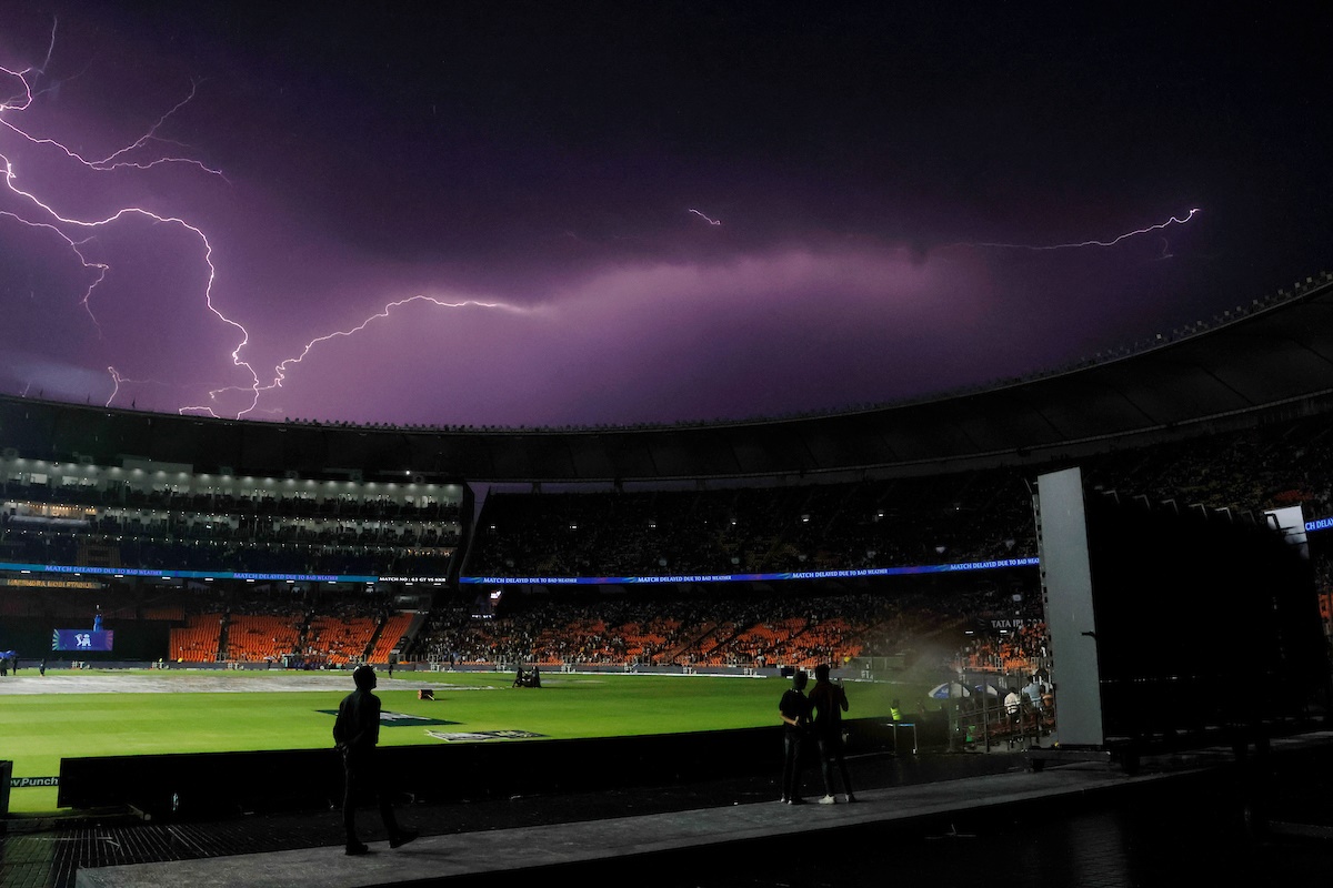 A streak of lightning over the stadium in Ahmedabad on Monday