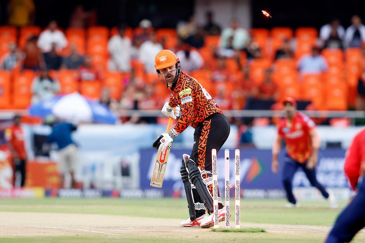 Sunrisers Hyderabad opener Travis Head is clean bowled by Arshdeep Singh.