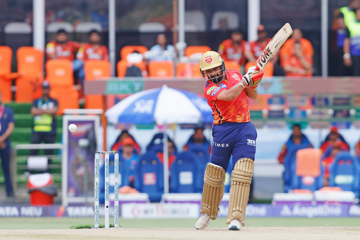 Punjab Kings opener Prabhsimran Singh dispatches the ball to the boundary during the IPL match against Sunrisers Hyderabad in Hyderabad on Sunday.