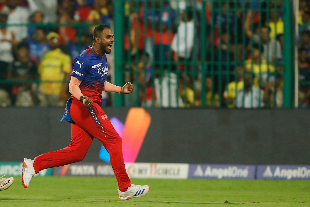 Yash Dayal breaks into celebration after Royal Challengers Bengaluru get the better of  Chennai Super Kings in the IPL match at the Chinnaswamy stadium in Bengaluru on Saturday.