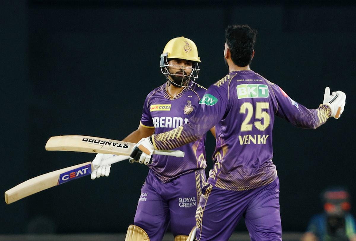 Kolkata Knight Riders' Venkatesh Iyer and Shreyas Iyer celebrate after their 8-wicket win over SunRisers Hyderabad 