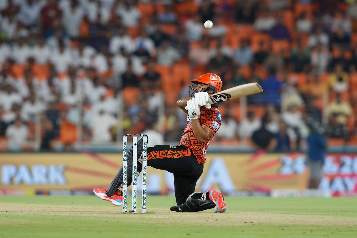 Rahul Tripathi of Sunrisers Hyderabad launches the ball into the stands for a six