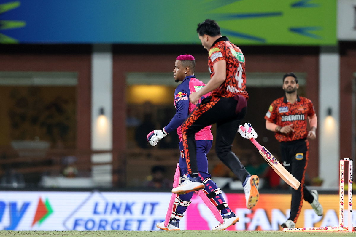 Rajasthan Royals batter Shimron Hetmyer swings his bat as he walks back after being dismissed by Abhishek Sharma during Qualifier 2 of the Indian Premier League against Sunrisers Hyderabad at the MA Chidambaram stadium, in Chennai, May 24, 2024.