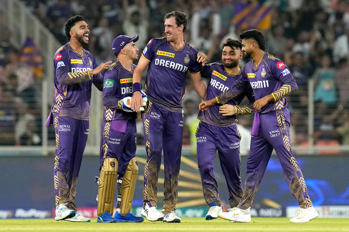 KKR's players celebrate after Mitchell Stark dismisses SHR's Shabaz Ahamad in Qualifier 1