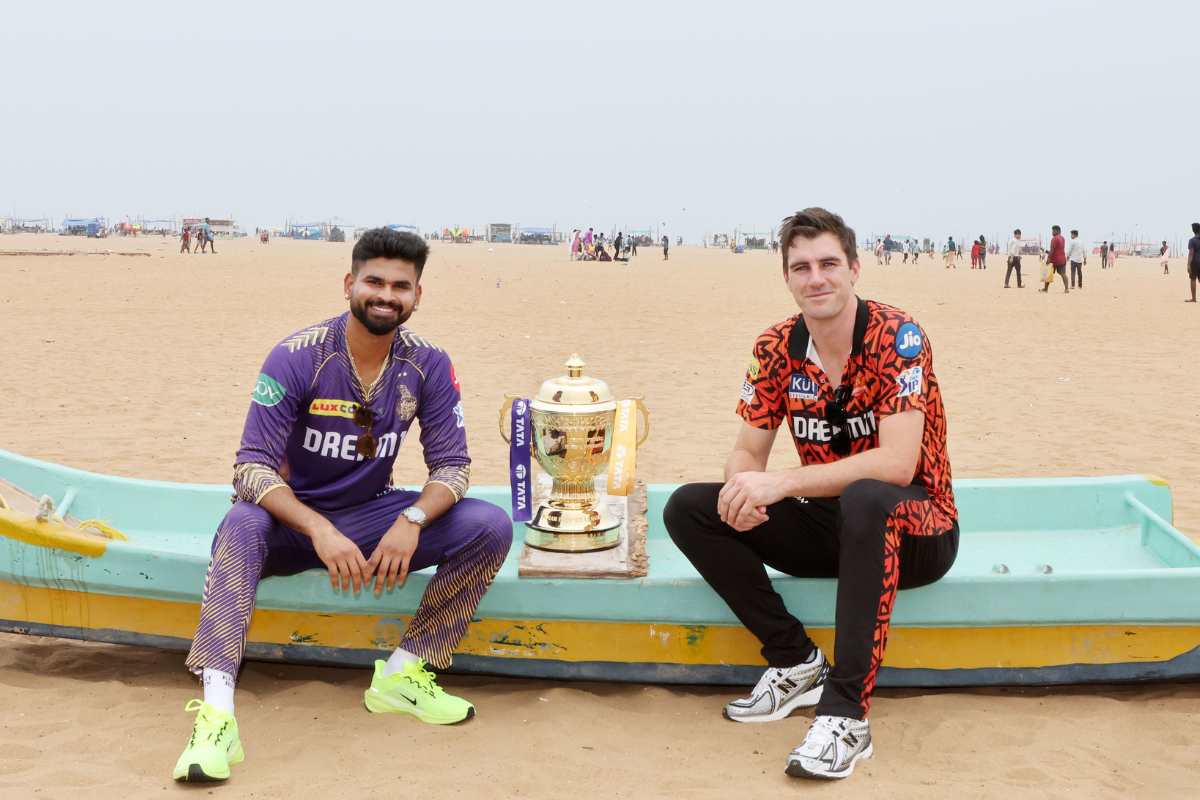 KKR skipper Shreyas Iyer and SRH skipper Pat Cummins pose with IPL Trophy on Saturday