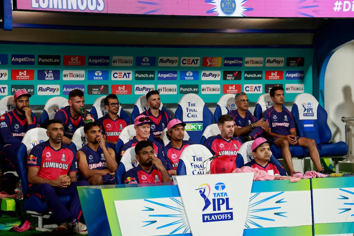 The Rajasthan Royals dug out watches in disbelief as wickets fall in a heap in their reply against Sunrisers Hyderabad during Qualifier 2 of IPL 2024 in Chennai on May 24, 2024.