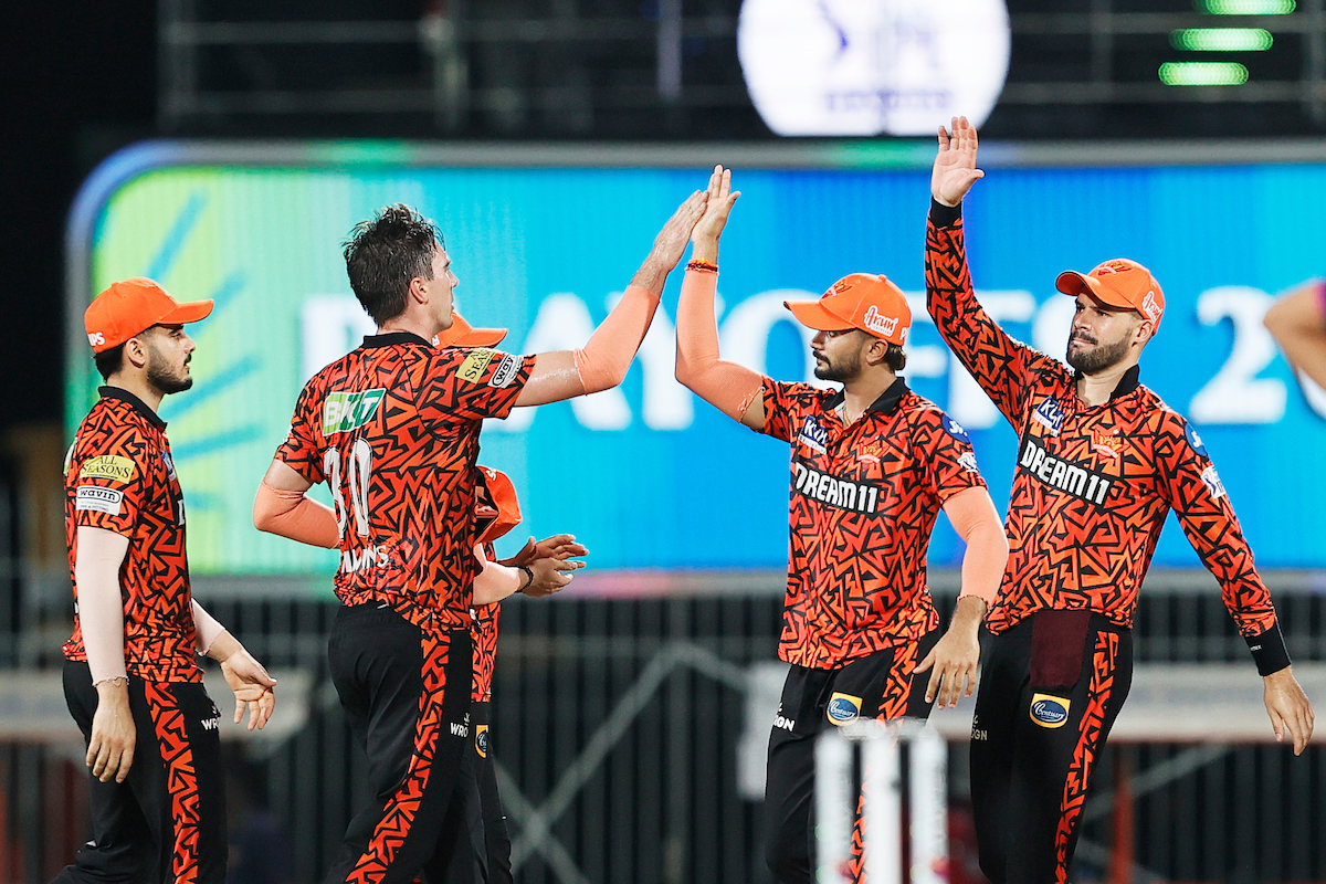 Pat Cummins celebrates with his Sunrisers Hyderabad teamates after dismissing Rajasthan Royals opener Tom Kohler-Cadmore during Qualifier 2 of the Indian Premier League at the M A Chidambaram Stadium, in Chennai, on May 24, 2024.