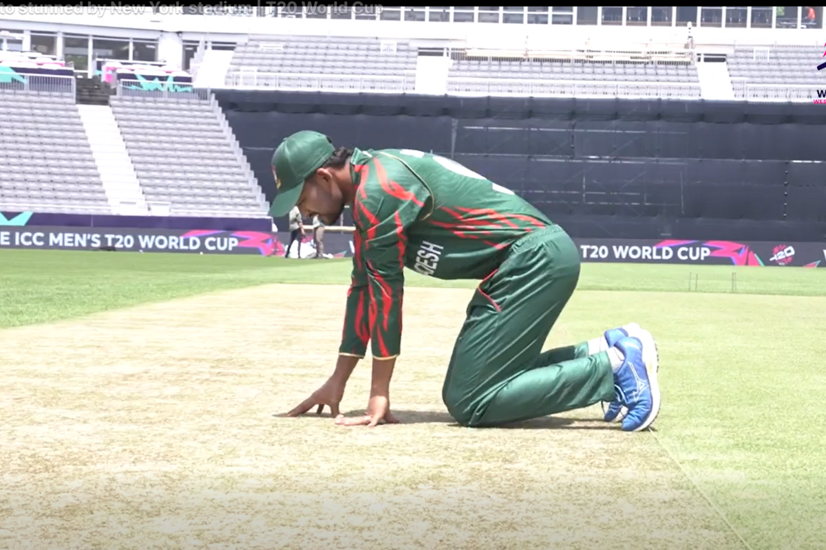 Bangladesh skipper Najmul Hossain Shanto checks out the drop-in pitch