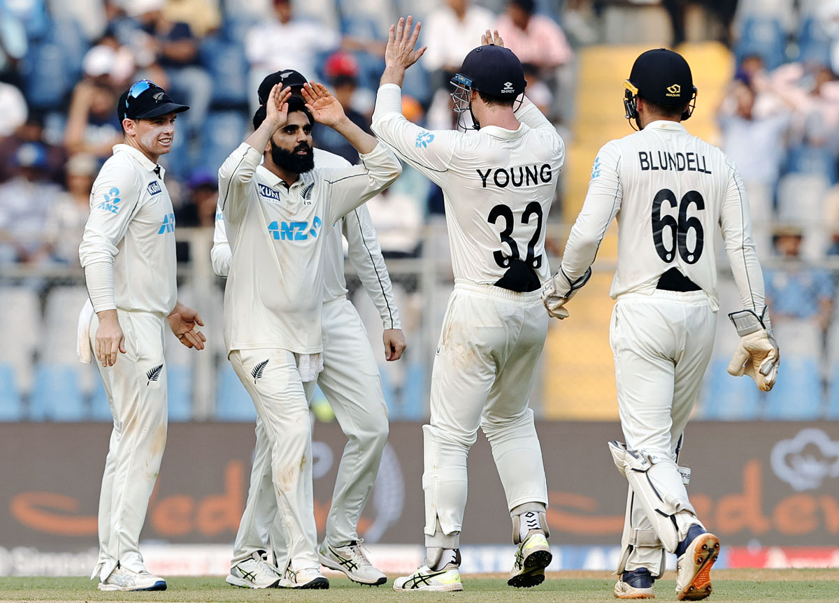 Ajaz Patel celebrates the wicket of Yashasvi Jaiswal