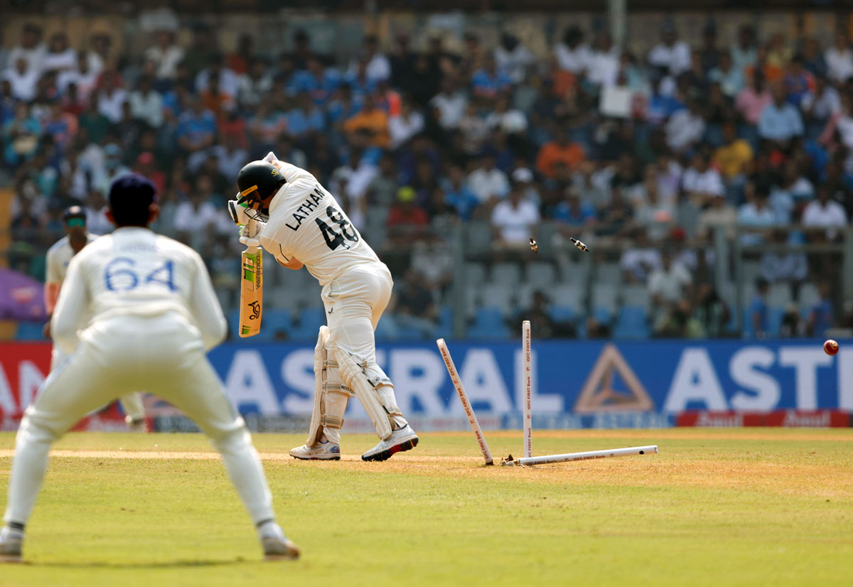 Tom Latham is bowled by Akash Deep.