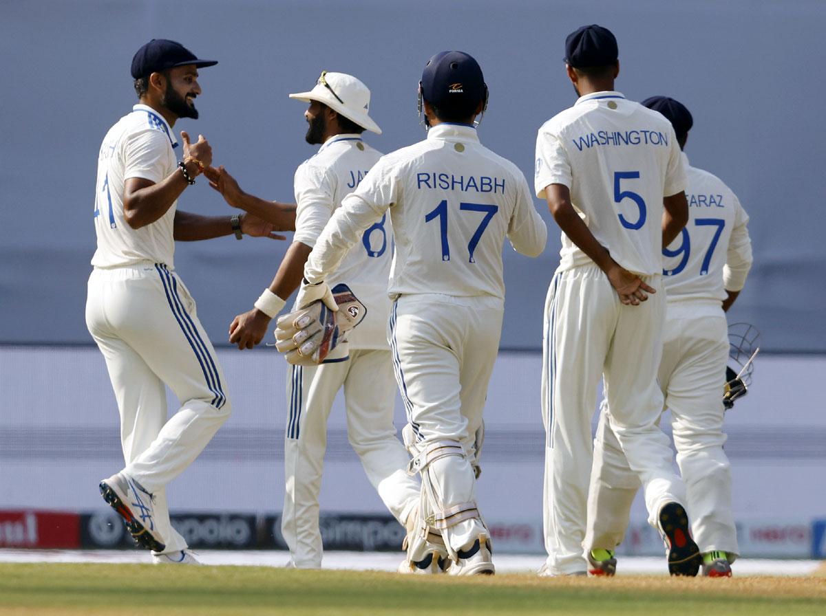 India's players celebrates the wicket of Ajaz Patel, who was dismissed by Ravindra Jadeja.