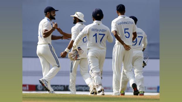 India's players celebrates the wicket of Ajaz Patel, who was dismissed by Ravindra Jadeja.