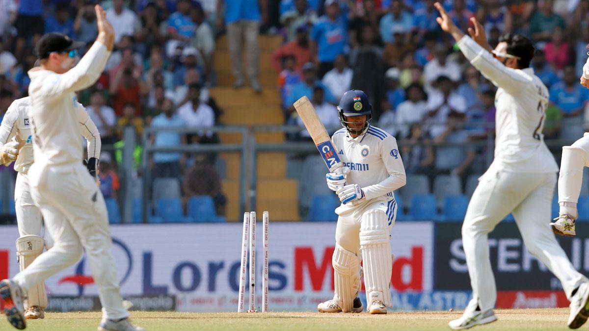 Shubman Gill is bowled by Ajaz Patel