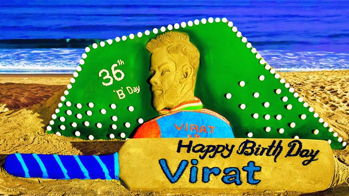 Sand sculpture of Virat Kohli